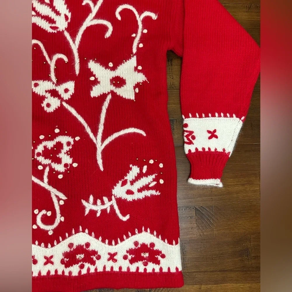 Vintage Dana Scott Mock‎ Neck Sweater Red embroidered Wool, Angora Size Medium - Picture 3 of 7